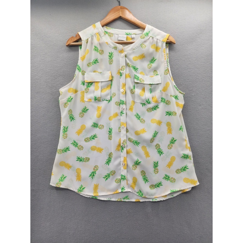 Soho Jeans Pineapple Print Sleeveless Button Up Blouse White Yellow Green‎ Large